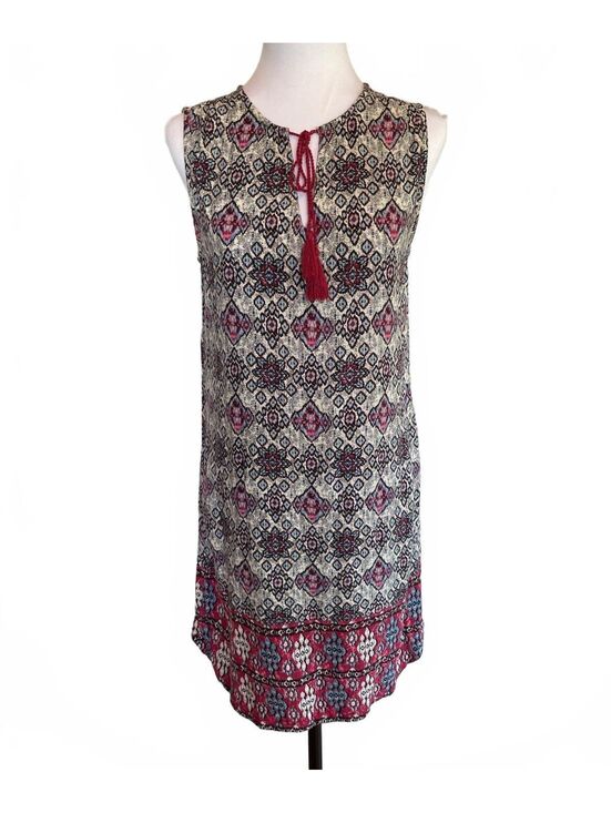 BeachLunchLounge Dresses & Skirts - Cream Burgundy Print Shift Dress S Boho Chic Folk Tassel Festivalcore Resortwear